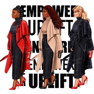 May include: Three women in stylish coats and heels stand in front of the text "EMPOWER UP LIFT" with the words "FEATHERS OF STYLE" repeated throughout the image.