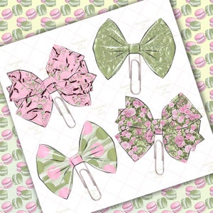 May include: Four different patterned paper clips with bows. The bows are green with white polka dots, pink with floral patterns, green with leaf patterns, and pink with floral patterns.