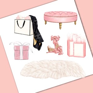 May include: A pink and white gift box with a white ribbon, a white shopping bag with black handles, a pair of pink high heels, a pink and gold ottoman, a white fluffy rug, and two white shopping bags with pink tissue paper.