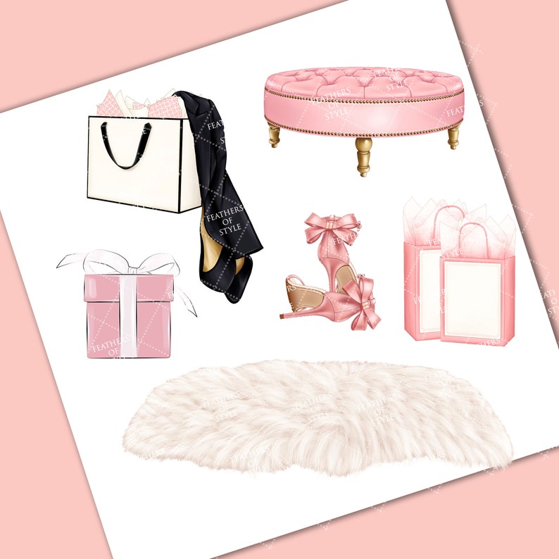 May include: A pink and white gift box with a white ribbon, a white shopping bag with black handles, a pair of pink high heels, a pink and gold ottoman, a white fluffy rug, and two white shopping bags with pink tissue paper.