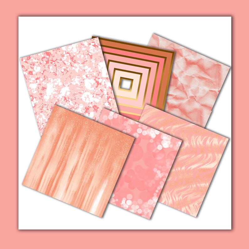 May include: A set of six digital paper patterns in shades of pink and peach with gold accents. The patterns include marble, glitter, stripes, and abstract designs.