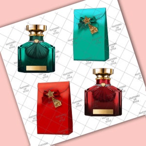 May include: Two sets of gift boxes and perfume bottles. One set is red with a gold star and bow. The other set is teal with a gold star and bow. Both sets have the text "Feathers of Style" on the boxes and bottles.