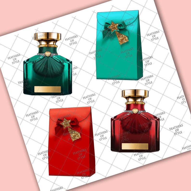May include: Two sets of gift boxes and perfume bottles. One set is red with a gold star and bow. The other set is teal with a gold star and bow. Both sets have the text "Feathers of Style" on the boxes and bottles.