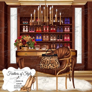 Puede incluir: Una ilustración digital del interior de una tienda de zapatos con un sillón de cuero marrón, un bolso de mano de estampado de leopardo y un ramo de flores. Las estanterías están llenas de zapatos de tacón alto en varios colores. El texto "Feathers of Style" es visible en la esquina inferior izquierda.