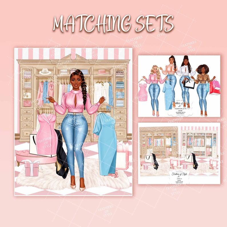 May include: A digital illustration of a woman wearing a pink top, blue jeans, and high heels. She is standing in front of a wardrobe filled with clothes. The image is titled "Matching Sets" and includes the text "Feathers of Style".