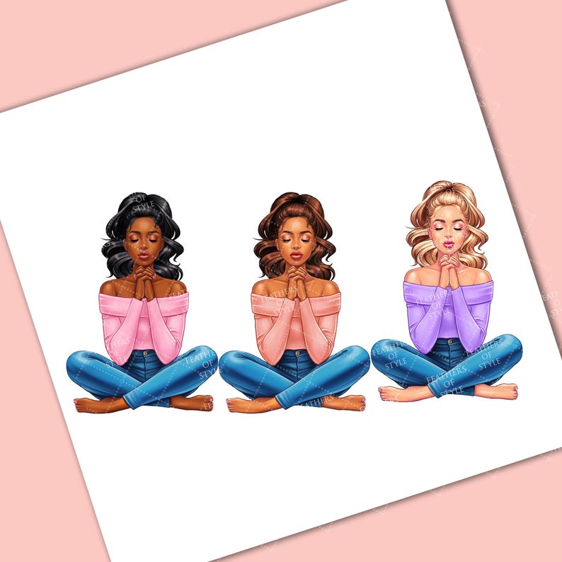 May include: Three women with different hairstyles are sitting with their legs crossed and hands clasped in prayer. The woman on the left is wearing a pink shirt and blue jeans. The woman in the middle is wearing a pink shirt and blue jeans. The woman on the right is wearing a purple shirt and blue jeans.