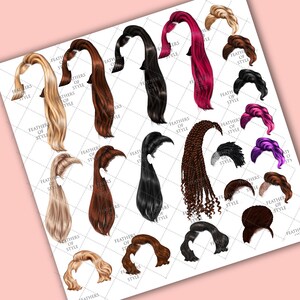 May include: A collection of 20 different hairstyles, including straight, curly, and braided styles. The hairstyles are all in a ponytail or updo style. The hairstyles are all drawn in a cartoon style.