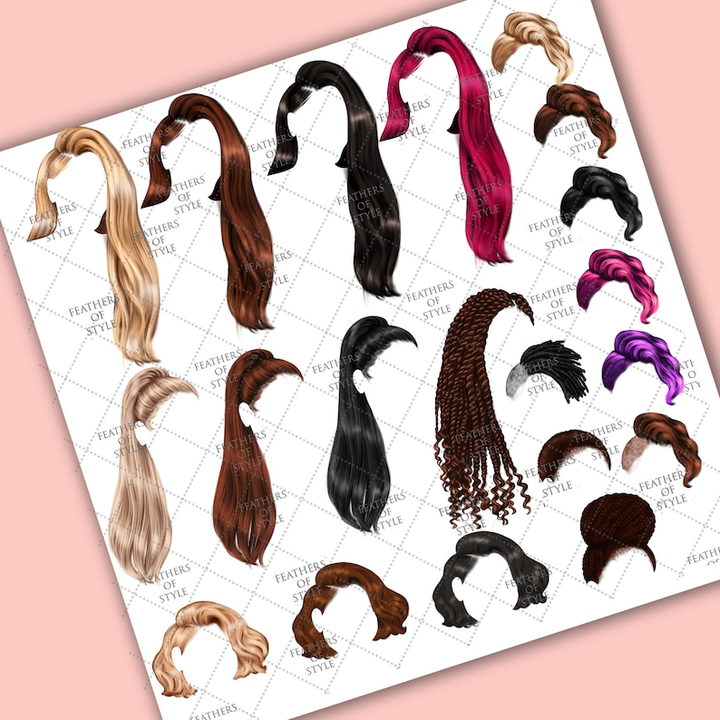 May include: A collection of 20 different hairstyles, including straight, curly, and braided styles. The hairstyles are all in a ponytail or updo style. The hairstyles are all drawn in a cartoon style.