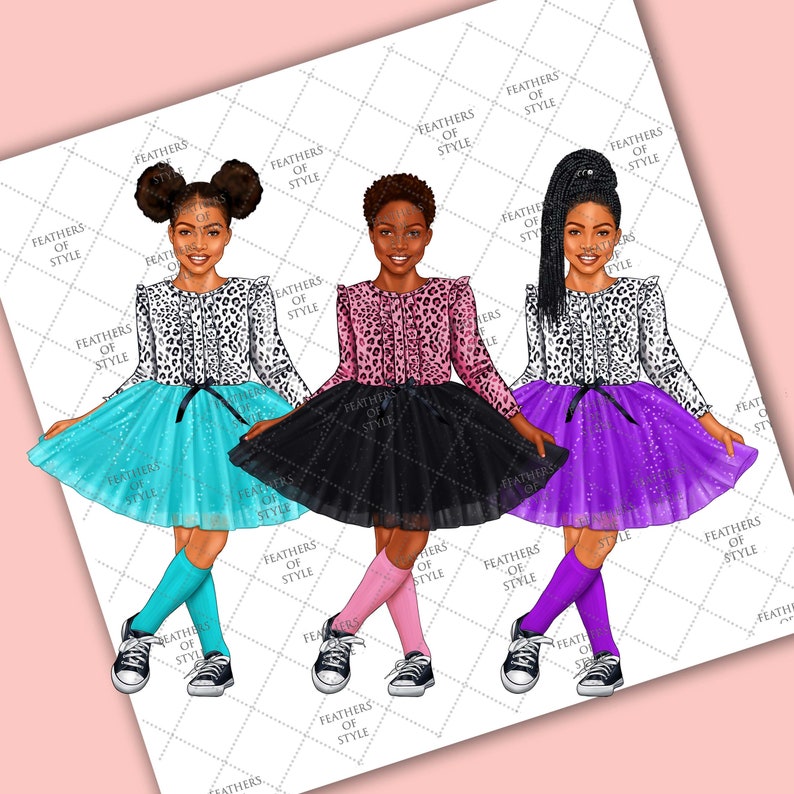 May include: Three girls wearing leopard print shirts and tulle skirts in different colors: turquoise, black, and purple. Each girl is wearing a pair of black and white sneakers and colorful socks.