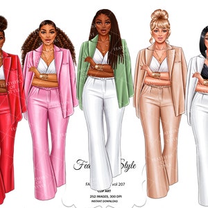 May include: Four women wearing different colored pantsuits with flared legs. The women are all wearing blazers and have their arms crossed. The pantsuits are red, pink, beige, and white.