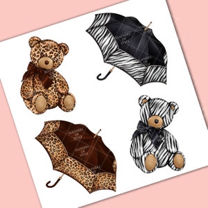 May include: Two teddy bears, one with a leopard print and one with a zebra print, are holding umbrellas. The leopard print umbrella is brown and the zebra print umbrella is black and white. The text "Feathers of Style" is on both umbrellas.