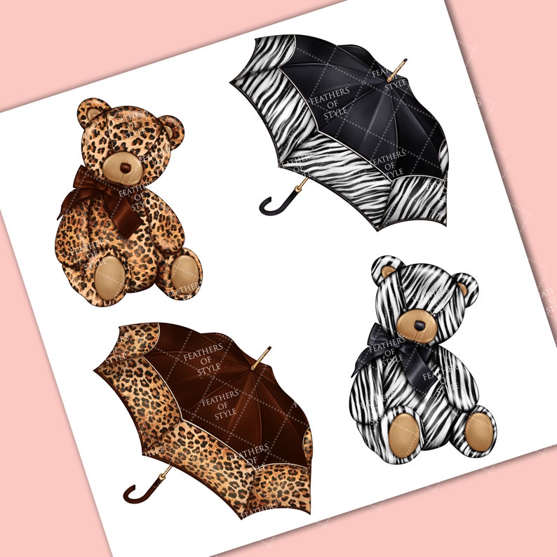May include: Two teddy bears, one with a leopard print and one with a zebra print, are holding umbrellas. The leopard print umbrella is brown and the zebra print umbrella is black and white. The text "Feathers of Style" is on both umbrellas.