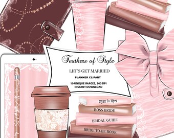 Wedding Planner Cliparts, Planner, Pastel Cliparts, Bow Paperclips, Coffee clipart, Planner clipart, Stack of books clipart