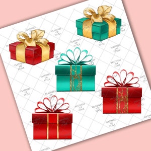 May include: Four gift boxes with gold ribbon and glitter accents. Two boxes are red and two are teal.