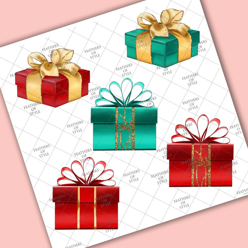 May include: Four gift boxes with gold ribbon and glitter accents. Two boxes are red and two are teal.