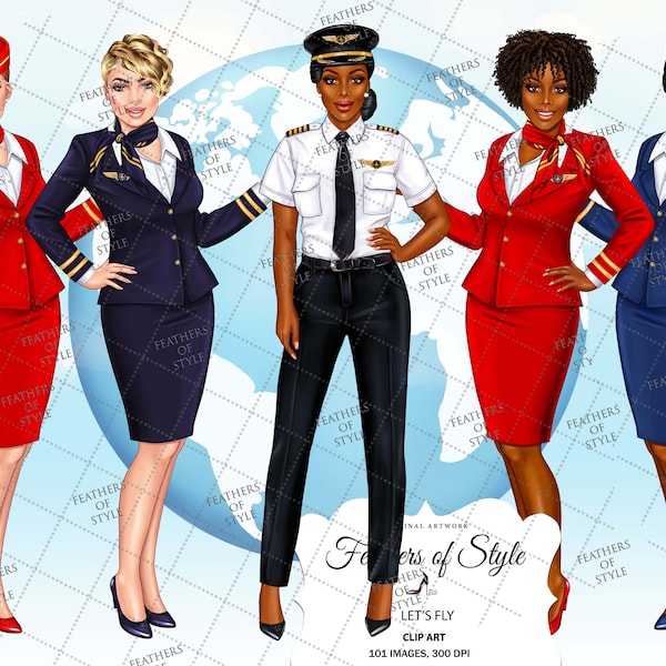 Flugbegleiterin Clipart, Pilot Clipart, Pilot Frau Clipart, Hostess Air Clipart, Stewardess Clipart, Girl Boss Clipart, Afro Girl Clipart