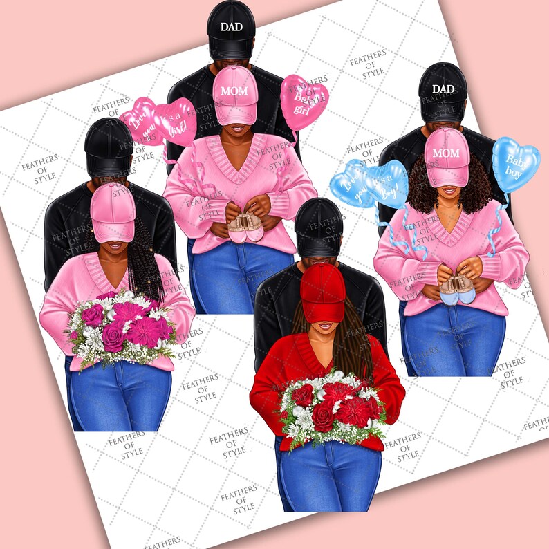 May include: Digital illustration of couples, each with a 'DAD' or 'MOM' hat, holding baby shoes or balloons that say 'Baby girl' or 'Baby boy'. The couples are wearing sweaters and jeans, with bouquets of flowers.