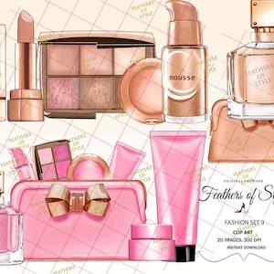 May include: A set of 9 pink and gold makeup and beauty products with the text "Feathers of Style" and "Fashion Set 9" on the packaging. The set includes a lipstick, eyeshadow palette, blush, foundation, nail polish, and a perfume bottle.