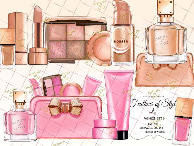 May include: A set of 9 pink and gold makeup and beauty products with the text "Feathers of Style" and "Fashion Set 9" on the packaging. The set includes a lipstick, eyeshadow palette, blush, foundation, nail polish, and a perfume bottle.