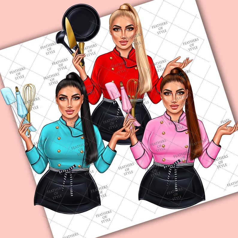 May include: Three women wearing chef uniforms in different colors, red, blue, and pink, holding various kitchen utensils, including a whisk, spatula, and frying pan. The women are smiling and looking at the camera.
