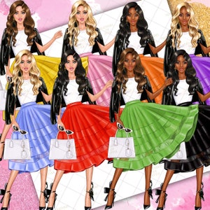 May include: Eight digital illustrations of women wearing black leather jackets and colorful skirts. Each woman has long hair and is holding a handbag and sunglasses. The women are standing on a pink and white background.