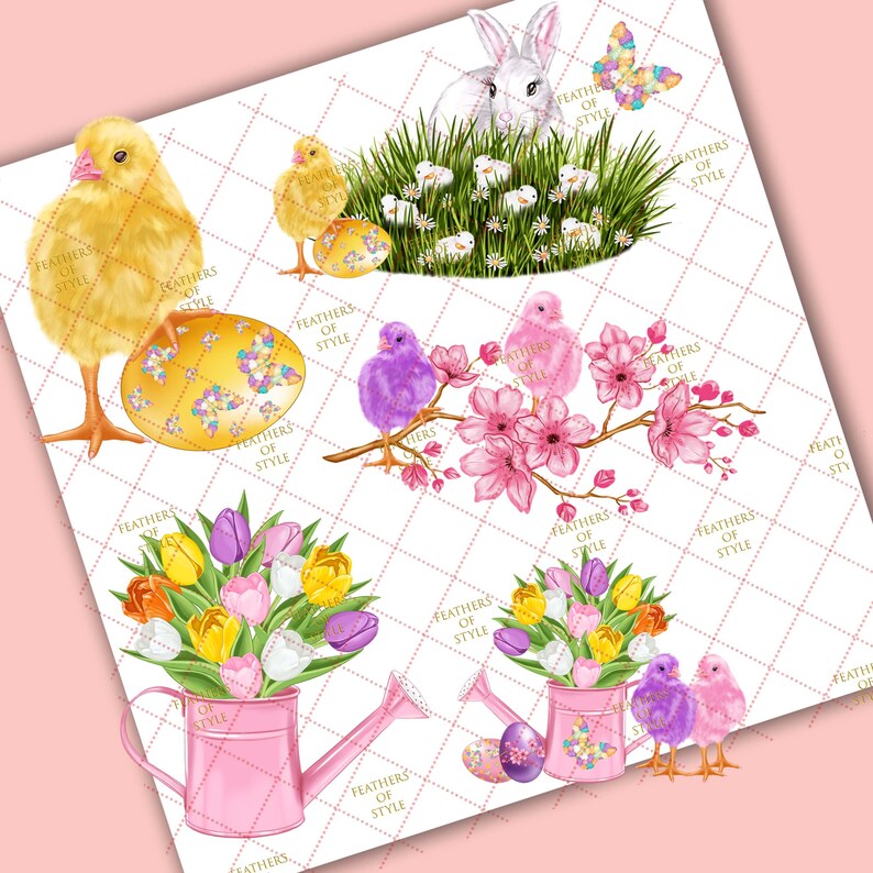 May include: A set of digital clipart images featuring Easter-themed illustrations. The images include a bunny rabbit, chicks, eggs, flowers, and a watering can. The images are painted in a watercolor style with bright colors.