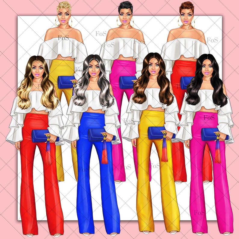May include: Five women wearing white off-the-shoulder tops with ruffled sleeves and wide-leg pants in different colors: red, blue, yellow, pink, and fuchsia. Each woman is holding a small blue clutch purse with a tassel.