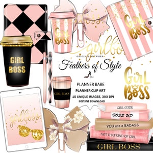 Girl Boss Planner Cliparts, Planner stickers, Pastel Cliparts, Bow Paperclips, Coffee clipart, Planner clipart, Stack of books clipart