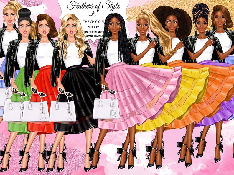May include: Seven women with different hairstyles and skin tones are wearing black leather jackets, white shirts, and colorful skirts. Each woman is holding a handbag and wearing sunglasses. The background is a pink and white watercolor design.