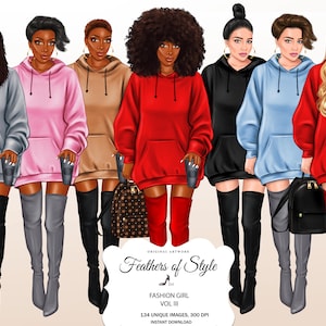 Clipart de garota fashion, clipart de mulher fashion, clipart de garota urbana, clipart de garotas elegantes, clipart afro-americano, clipart de garotas afro