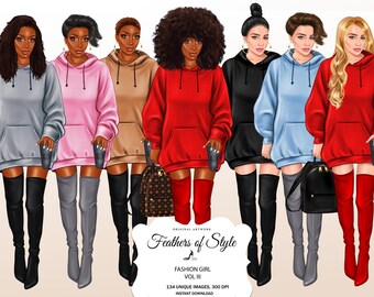 Fashion girl clipart, Fashion woman clipart, City girl clipart, Fashionable girls clipart, African American clipart, Afro girls clipart