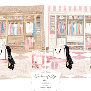 May include: A digital illustration of a walk-in wardrobe with clothes hanging on rails, a pink footstool with a shopping bag and gift boxes, and a white fluffy rug. The text "Feathers of Style" is at the bottom of the image.