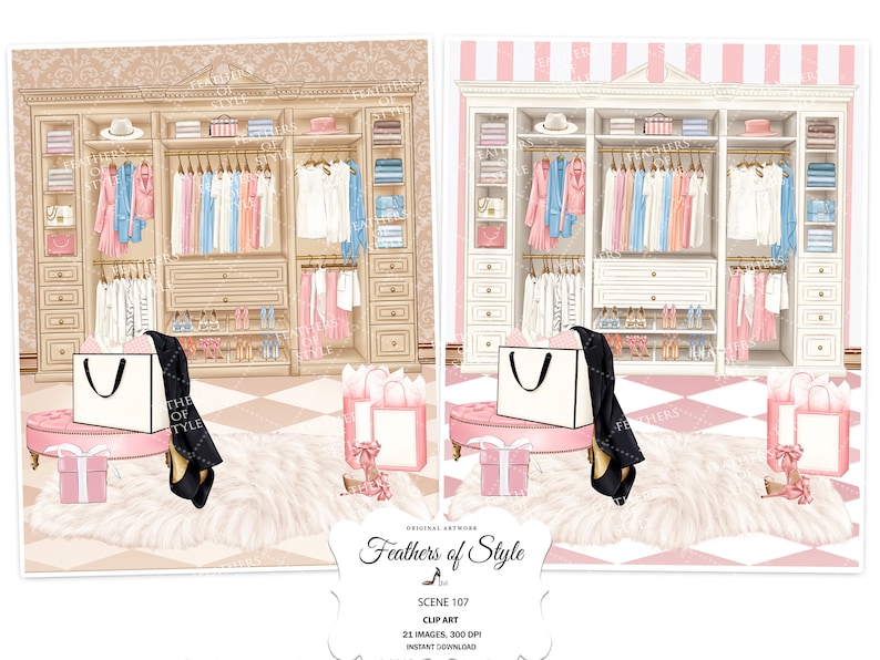 May include: A digital illustration of a walk-in wardrobe with clothes hanging on rails, a pink footstool with a shopping bag and gift boxes, and a white fluffy rug. The text "Feathers of Style" is at the bottom of the image.