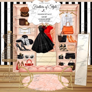 Mode kast clipart, kledingkast clipart, achtergrondscène, Home decor clipart, baas babe clipart, mode illustratie dressing clipart