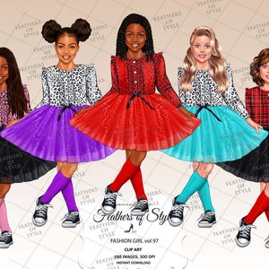 May include: Five girls wearing different outfits and colorful tulle skirts. They are all wearing black and white sneakers. The girls are standing on a white background with a watermark that says "Feathers of Style".