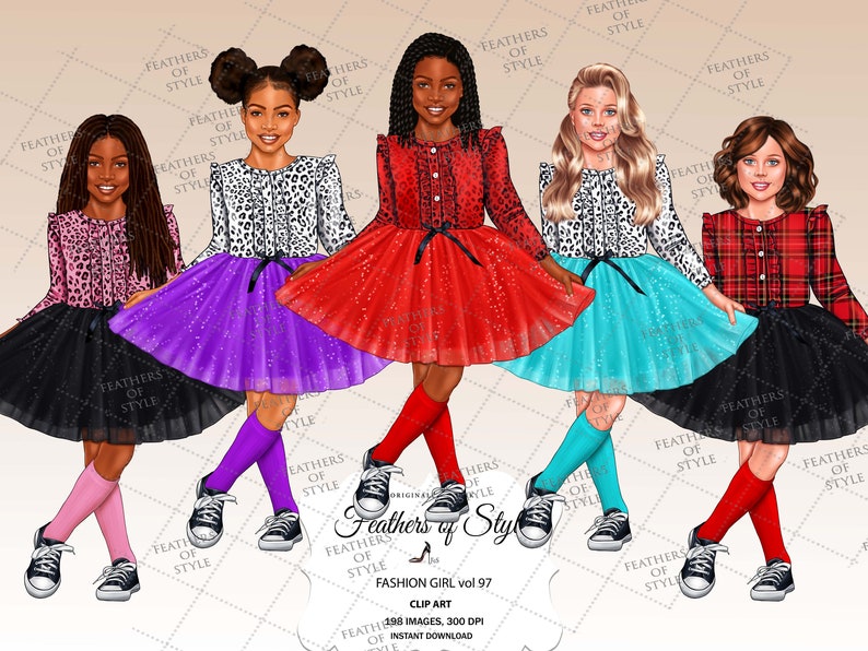 May include: Five girls wearing different outfits and colorful tulle skirts. They are all wearing black and white sneakers. The girls are standing on a white background with a watermark that says "Feathers of Style".