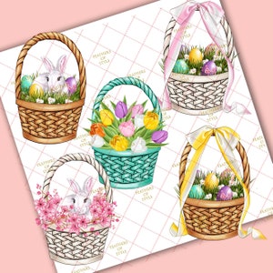 May include: Four Easter baskets with different themes. One basket has a white bunny, another has colorful tulips, another has Easter eggs, and the last one has pink flowers. All baskets are woven and have a ribbon tied around the handle.