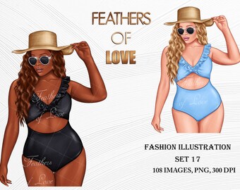 Clipart de garota de verão, clipart de garota de praia, clipart de garota de moda, ilustração de moda, clipart de Boss Babe, clipart afro-americano
