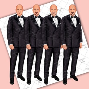 May include: Four men wearing black tuxedo suits with white shirts and black bow ties. The men are standing in a row, with their arms crossed in front of them. The background is a light pink color.