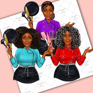 May include: Three women chefs wearing different colored chef jackets and black aprons with white stripes. They are holding various kitchen utensils, including a spatula, whisk, ladle, and a frying pan.