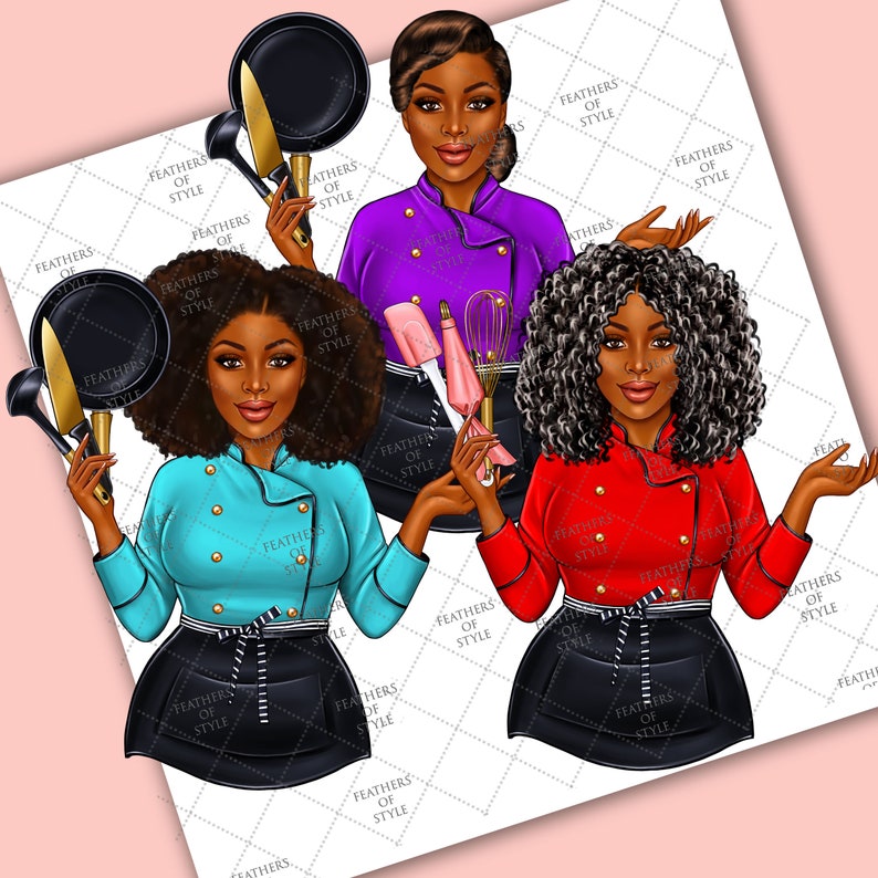 May include: Three women chefs wearing different colored chef jackets and black aprons with white stripes. They are holding various kitchen utensils, including a spatula, whisk, ladle, and a frying pan.