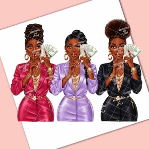 May include: Three women in business suits, each holding a stack of money and placing a finger to their lips. The women are wearing pink, purple, and black suits with gold jewellery. The background is white.