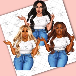 May include: Digital illustration of three women with different skin tones and hairstyles. Each woman wears a white t-shirt and blue jeans. The image has the text "FEATHERS OF STYLE" repeated in the background.