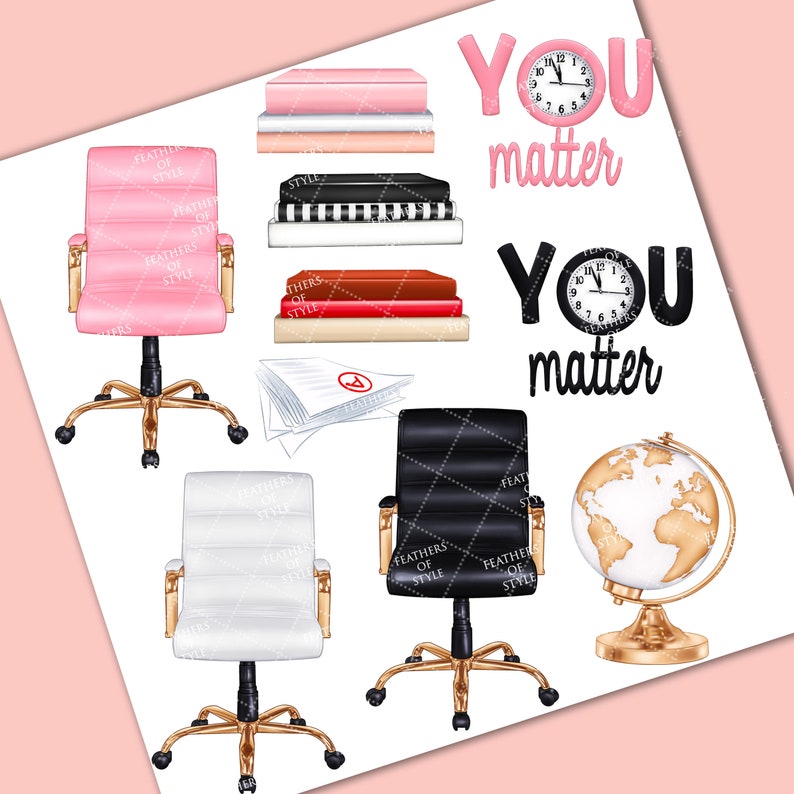Peut inclure: Un ensemble de clipart num&eacute;rique illustrant des th&egrave;mes de bureau. L'ensemble comprend trois chaises de bureau en rose, noir et blanc, une pile de livres, un globe terrestre et deux horloges avec le texte "You matter" en rose et noir.