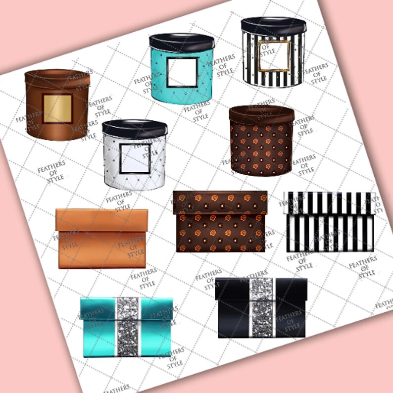 May include: Nine different gift boxes with various patterns and colors. The boxes are all square and have a lid. The patterns include stripes, polka dots, and glitter. The colors include black, white, brown, orange, turquoise, and silver.