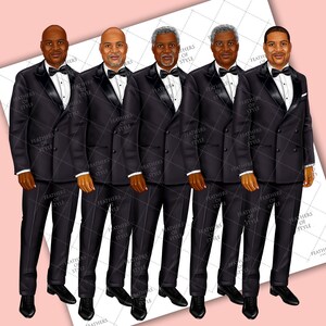 May include: Five men wearing black tuxedo suits with white bow ties. The men are standing in a row, looking at the camera.
