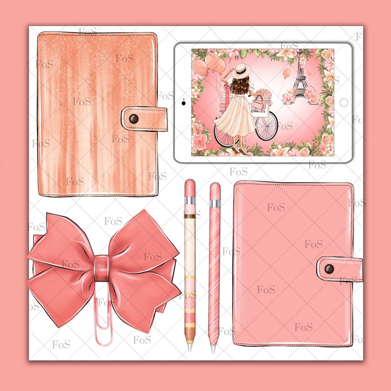 May include: A set of pink and peach stationery items, including a planner, a tablet, a pencil, a pen, a bow, and a paper clip. The items are arranged on a white background with a pink and white pattern.