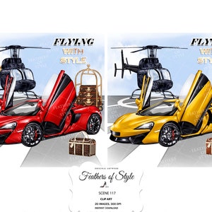 Reisscène, reisillustratie, reisclipart, helikopterclipart, autoclipart, bagageclipart, vakantieclipart