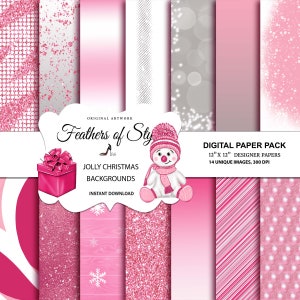 Puede incluir: Un paquete de papel digital con 14 imágenes únicas, cada una de 30,5 cm por 30,5 cm. Las imágenes presentan una variedad de patrones rosas y blancos, incluyendo purpurina, rayas, lunares y copos de nieve. El paquete es perfecto para proyectos de manualidades y scrapbooking.