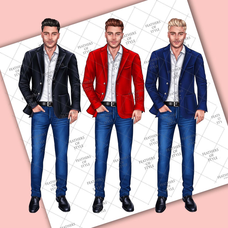 K&ouml;nnte beinhalten: Drei M&auml;nner tragen Blazer in verschiedenen Farben, wei&szlig;e Hemden und blaue Jeans. Die M&auml;nner stehen mit den H&auml;nden in den Taschen. Die Blazer sind schwarz, rot und blau.